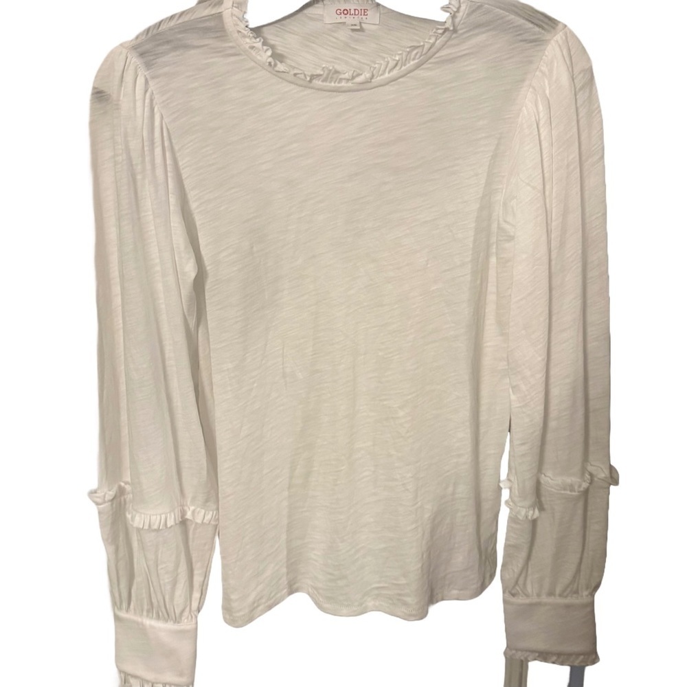 Goldie Women’s Pima Cotton White Ruffle Trim long Sleeves Top Size XS NWOT